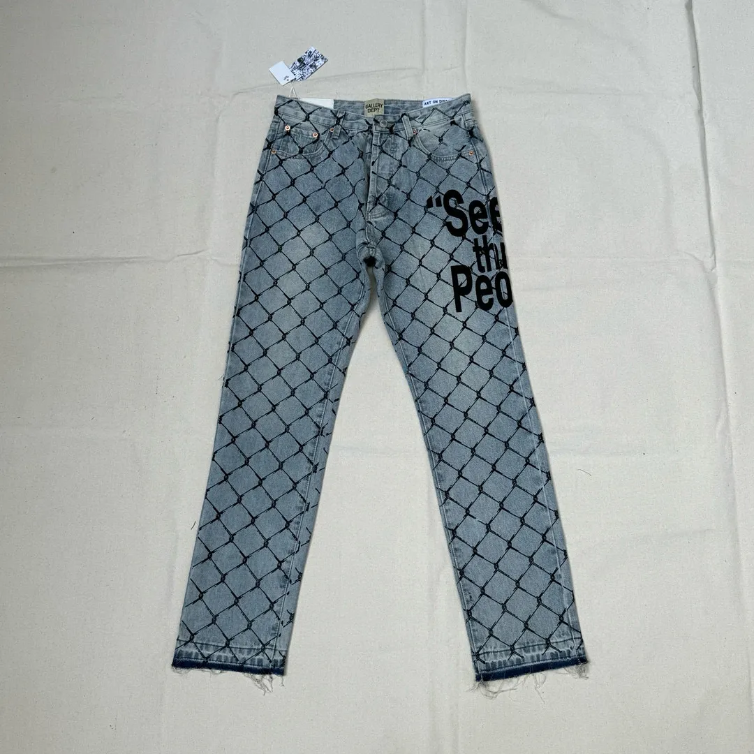 -Size upper body P240#G786 GALLERY DEPT. Steel mesh letter printed slim jeans jeans casual group trendy American slim men's and women's trousers Color: blue Size: S-XXL (corresponding to 28-36)